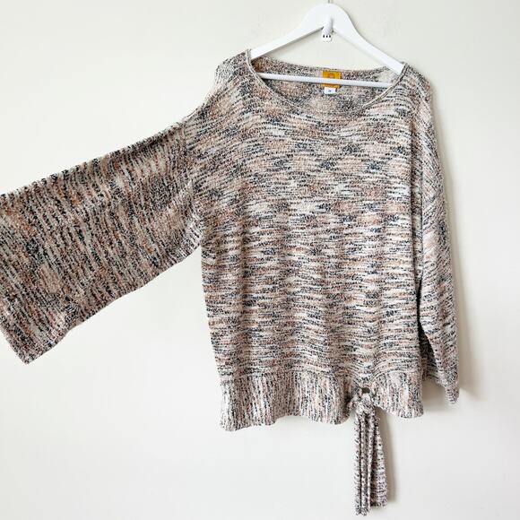 Ruby Rd Sweater Size 2X Bell Sleeve Tie Front Scoop Neck Tan Variegated Knit - Picture 1 of 5